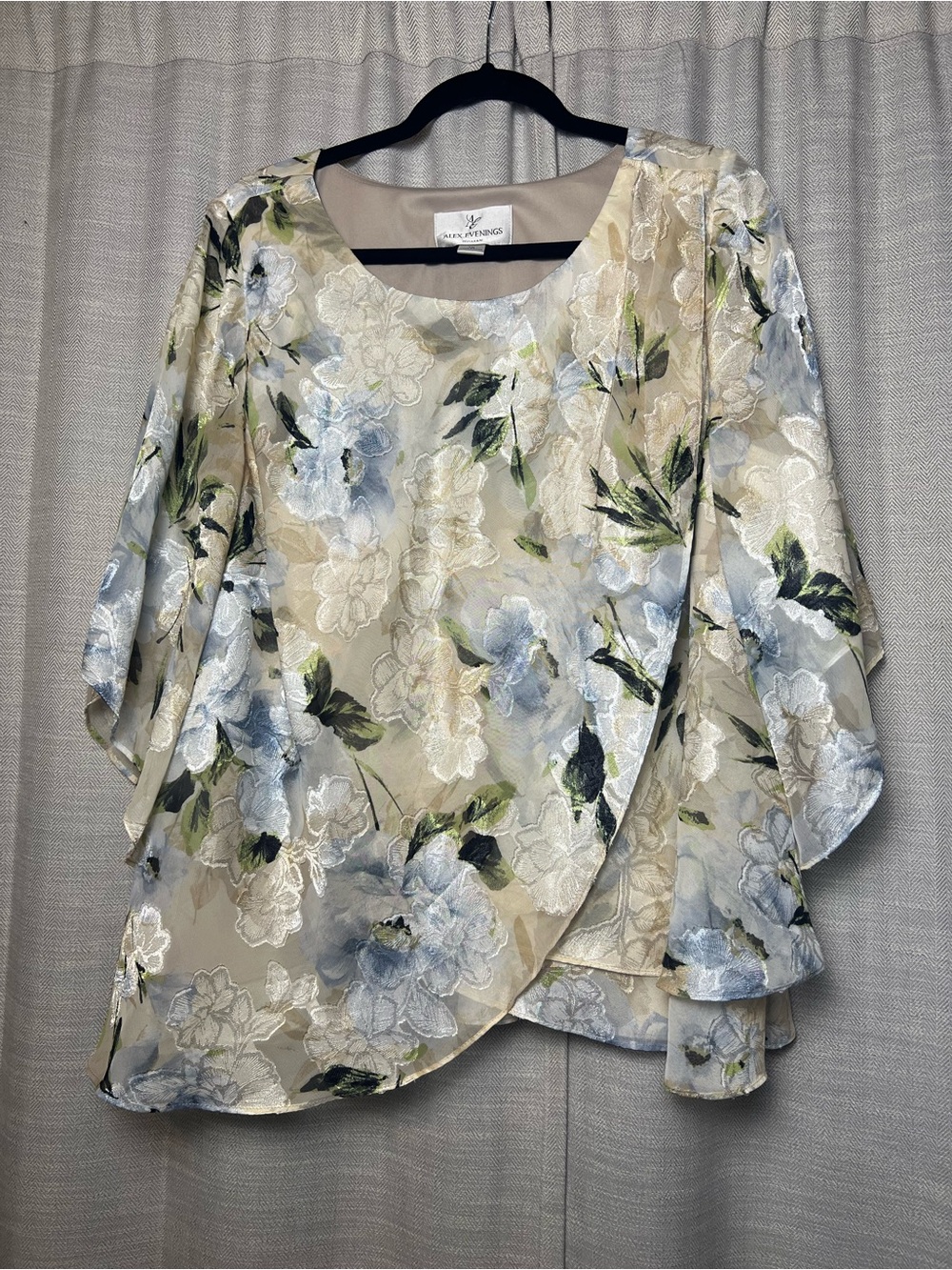 Alex Evenings Floral Overlay Tunic - Cream with Blue and Green Fairy Boho Whimsy